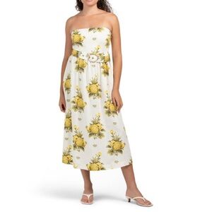 TAHARI Pineapple Linen Blend Vintage Pineapple Strapless Midi Dress has pockets